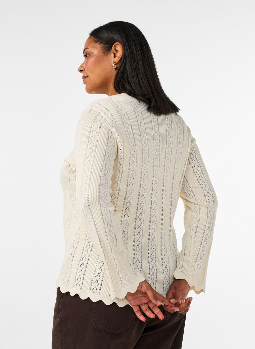 Cardigan med hulm&oslash;nster og b&oslash;lgede kanter, Vanilla, Model image number 2