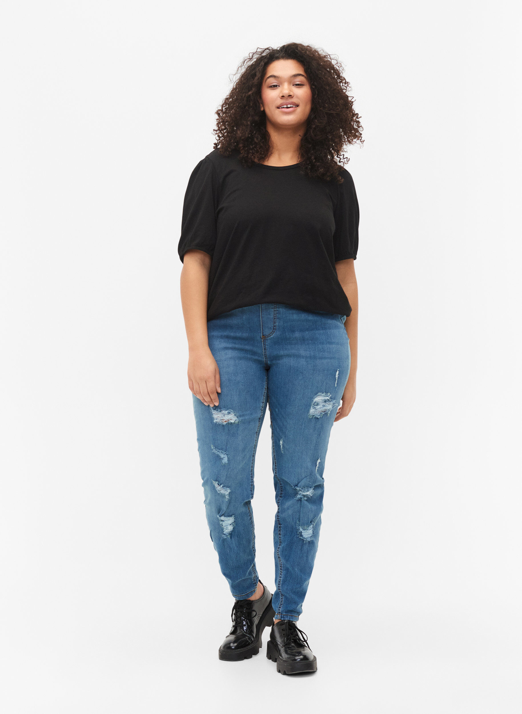 Zizzi Bomulds t-shirt med 2/4 &aelig;rmer, Black, Model image number 2