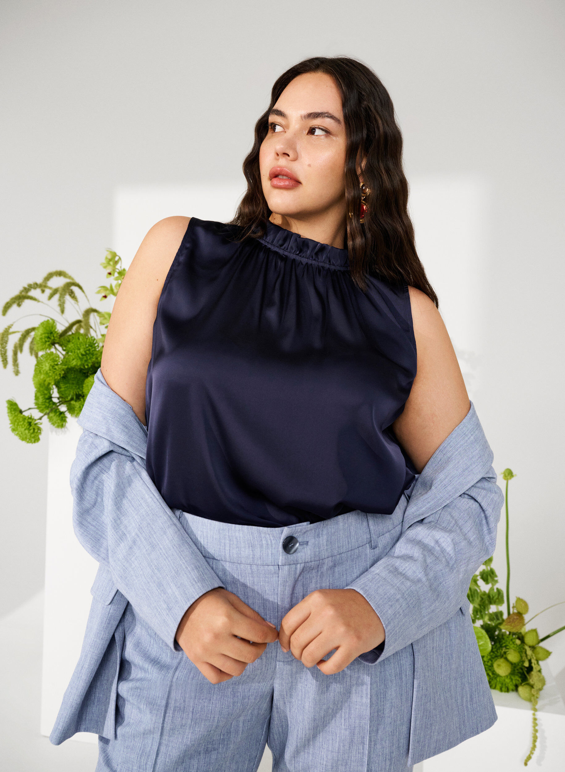 Zizzi &AElig;rmel&oslash;s festtop i satin, Night Sky, Image image number 0