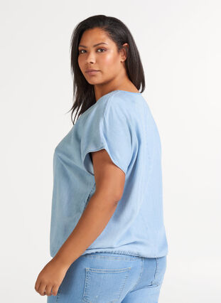 Bluse med korte ærmer, Light blue denim, Model image number 1