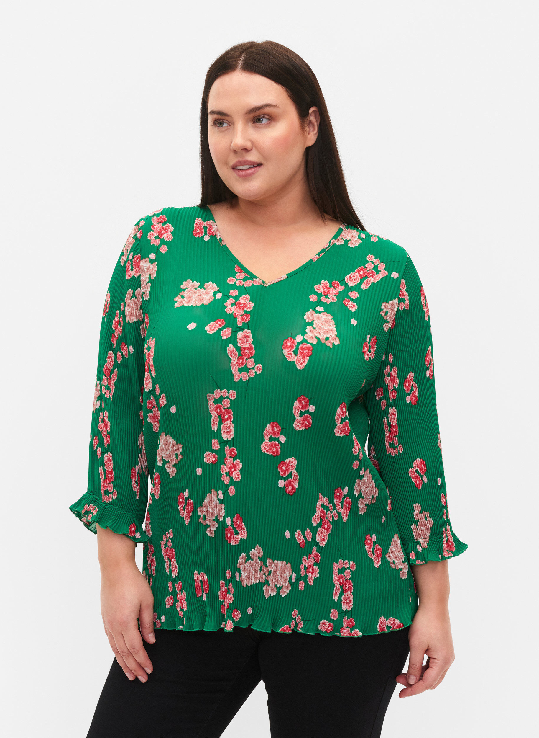 Zizzi Plisseret bluse med 3/4 &aelig;rmer, Jolly Green Flower, Model image number 0