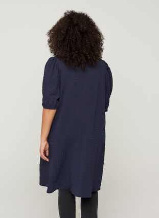 Struktureret kjole med a-form og pufærmer, Evening Blue, Model image number 1