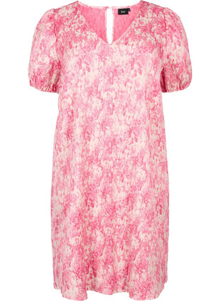 Jacquard kjole med korte pufærmer, Chateau Rose AOP, Packshot image number 0