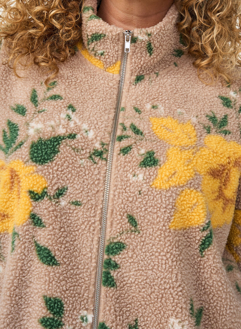 Blomstret fleecejakke med h&oslash;j hals og lynl&aring;s, Beige, Model image number 3