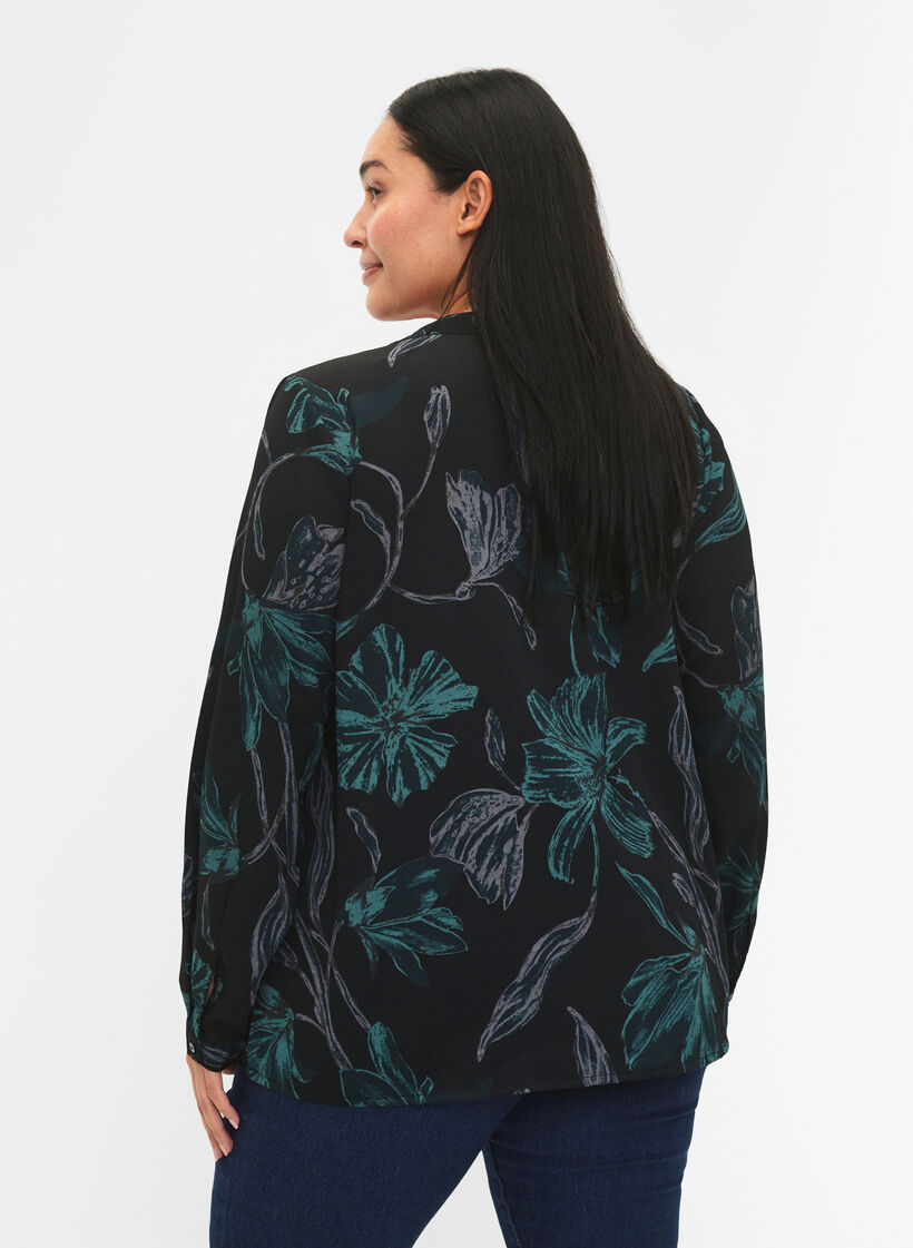 FLASH - Lang&aelig;rmet bluse med print, Black Scarab Flower, Model image number 1