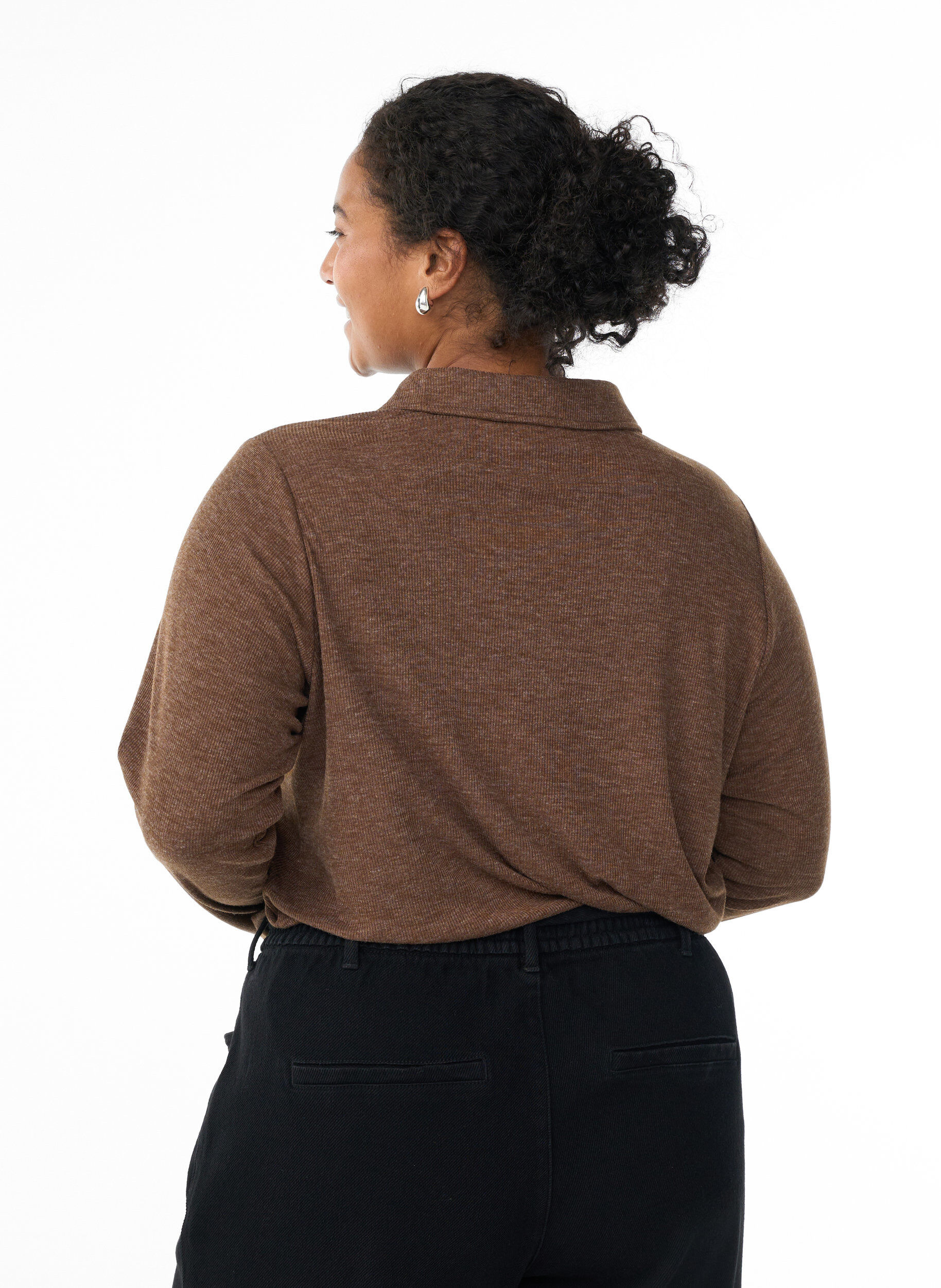 Zizzi Lang&aelig;rmet polo i str&aelig;kbar ribkvalitet, Brun, Model image number 2