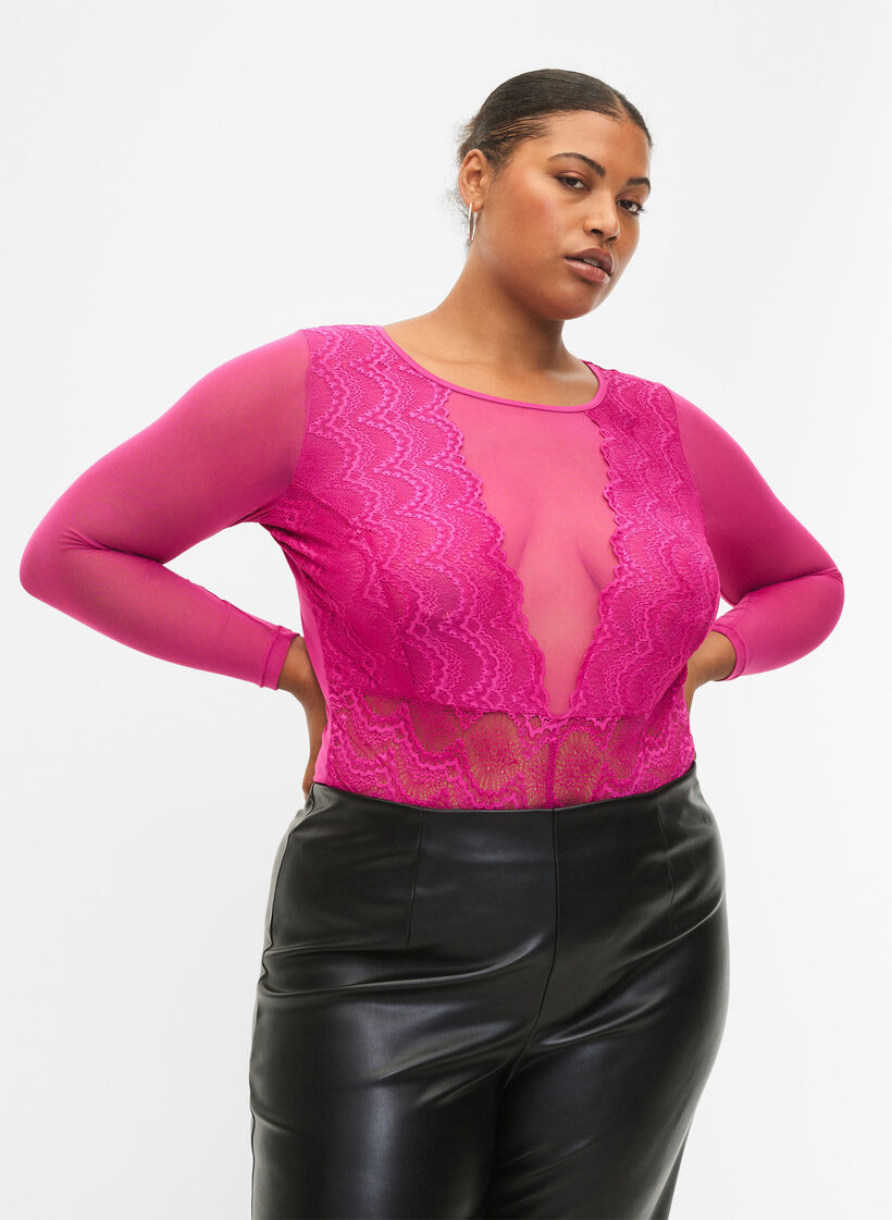 Bodystocking med blonder og mesh, Fuchsia Red, Model image number 0