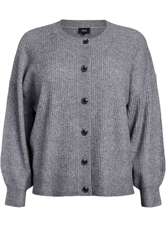 Ribstrikket cardigan med knapper, Gr&aring;, Packshot image number 0