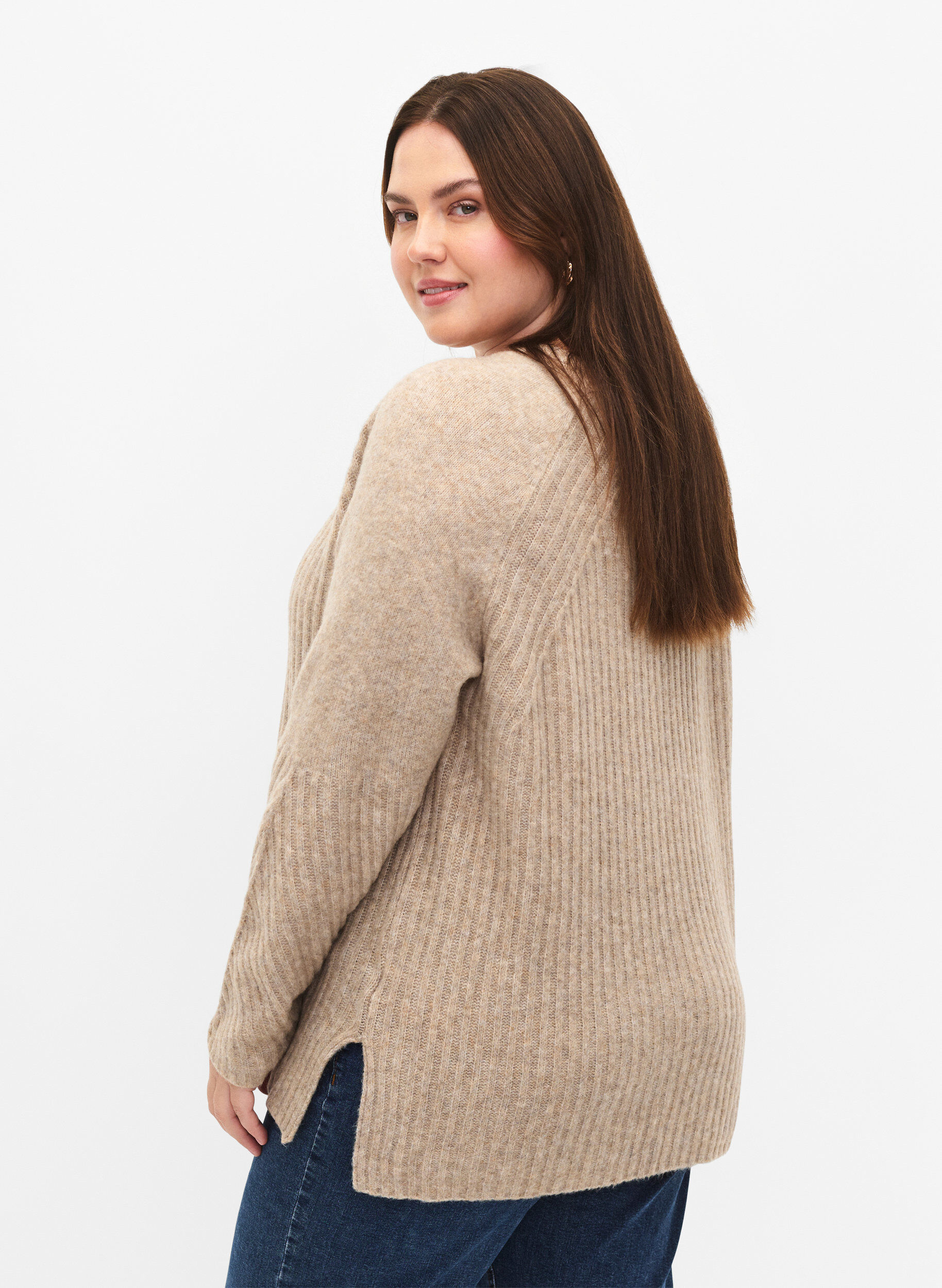 Zizzi Strikbluse med slids, Simply Taupe Mel., Model image number 1