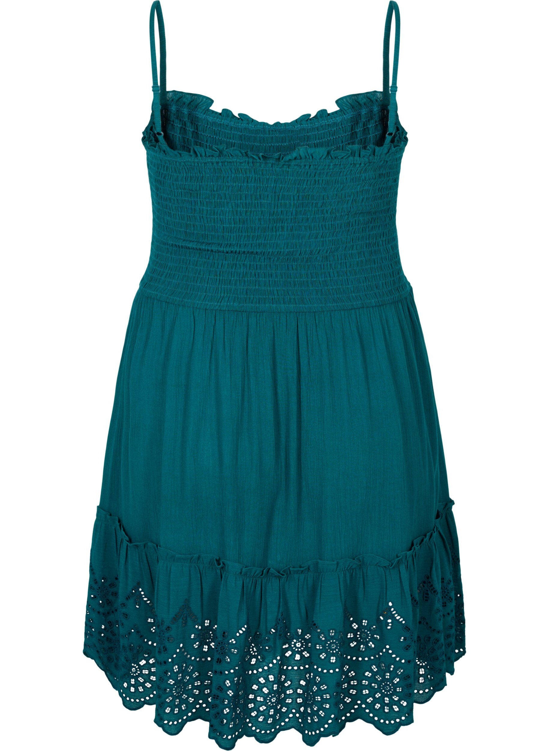Zizzi Viskose strandkjole med smock og broderi anglaise, Deep Teal, Packshot image number 1