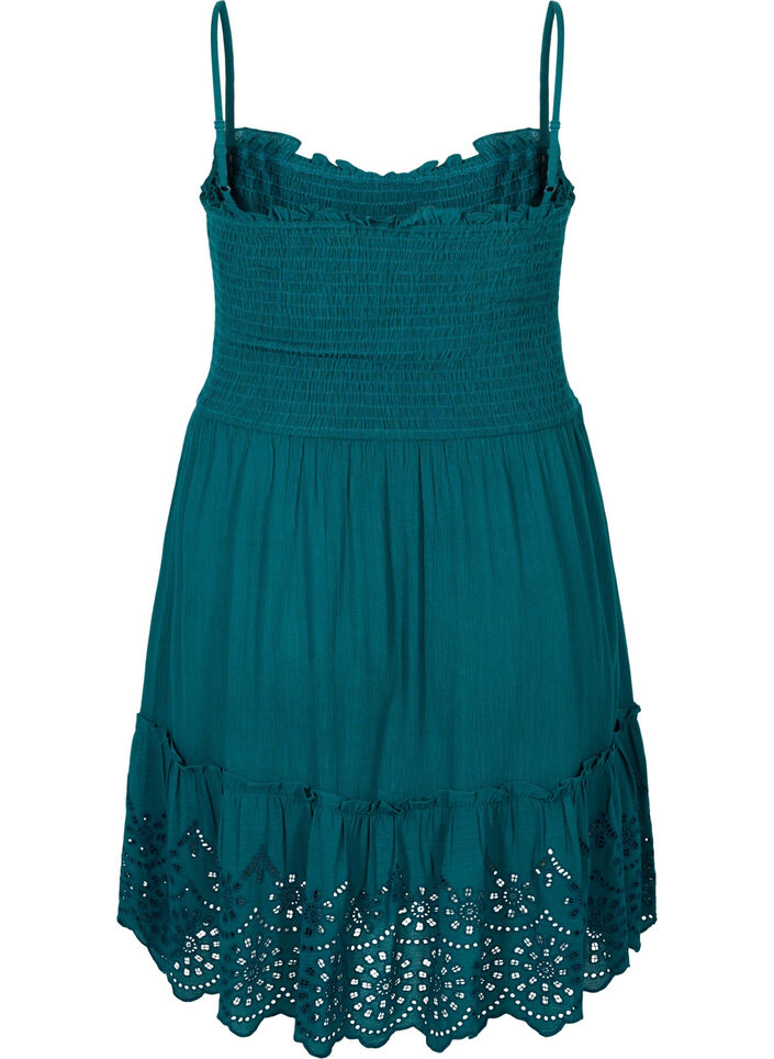 Viskose strandkjole med smock og broderi anglaise, Deep Teal, Packshot image number 1