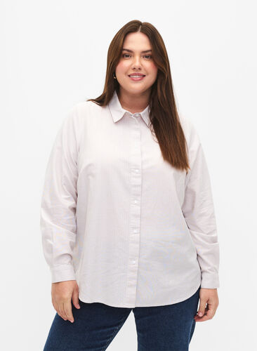 Langærmet skjorte i bomuld, White Taupe Stripe, Model image number 0