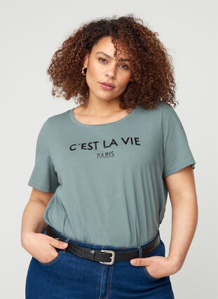 Kortærmet bomulds t-shirt med tryk, Balsam Green PARIS, Model image number 0