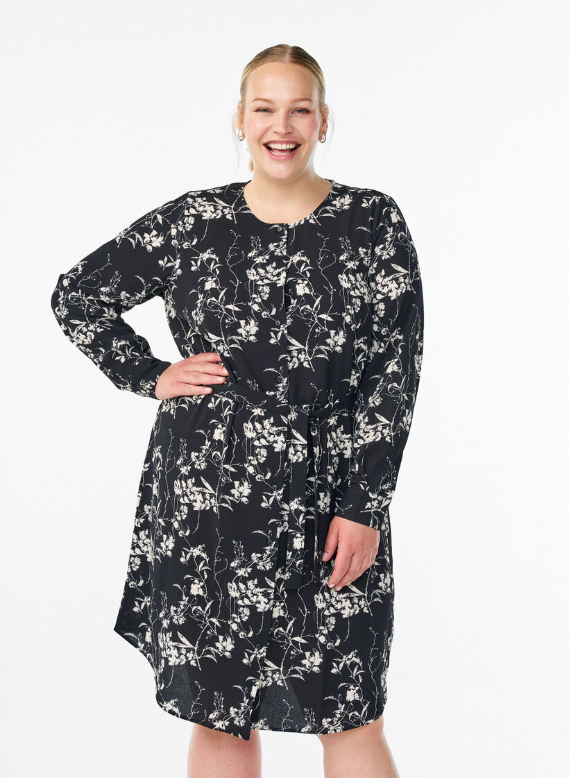 Langærmet skjortekjole med bindebånd, Sort, Model image number 0