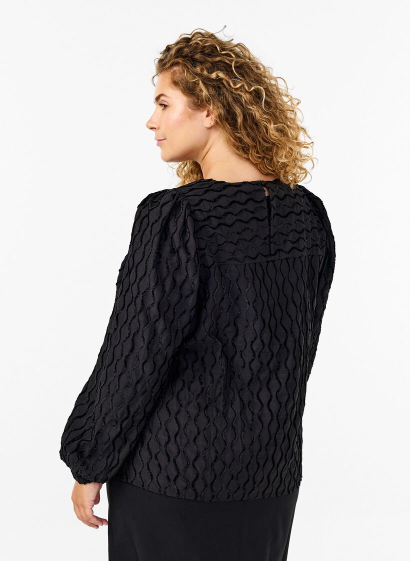 Langærmet bluse med mønster og V-hals, Black, Model image number 1