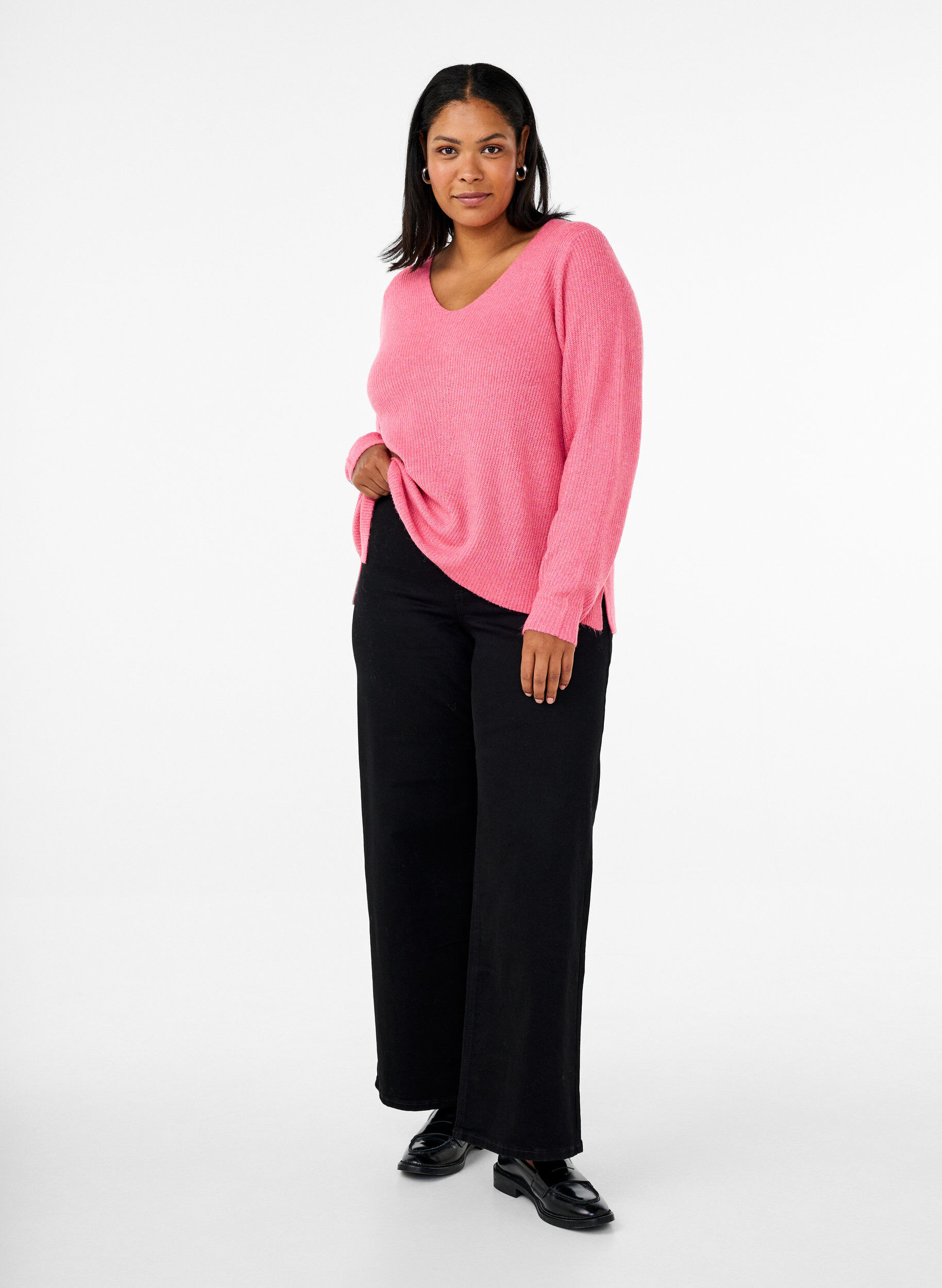 Zizzi Strikbluse med v-hals og lange &aelig;rmer, Bubblegum Wh. Mel., Model image number 2