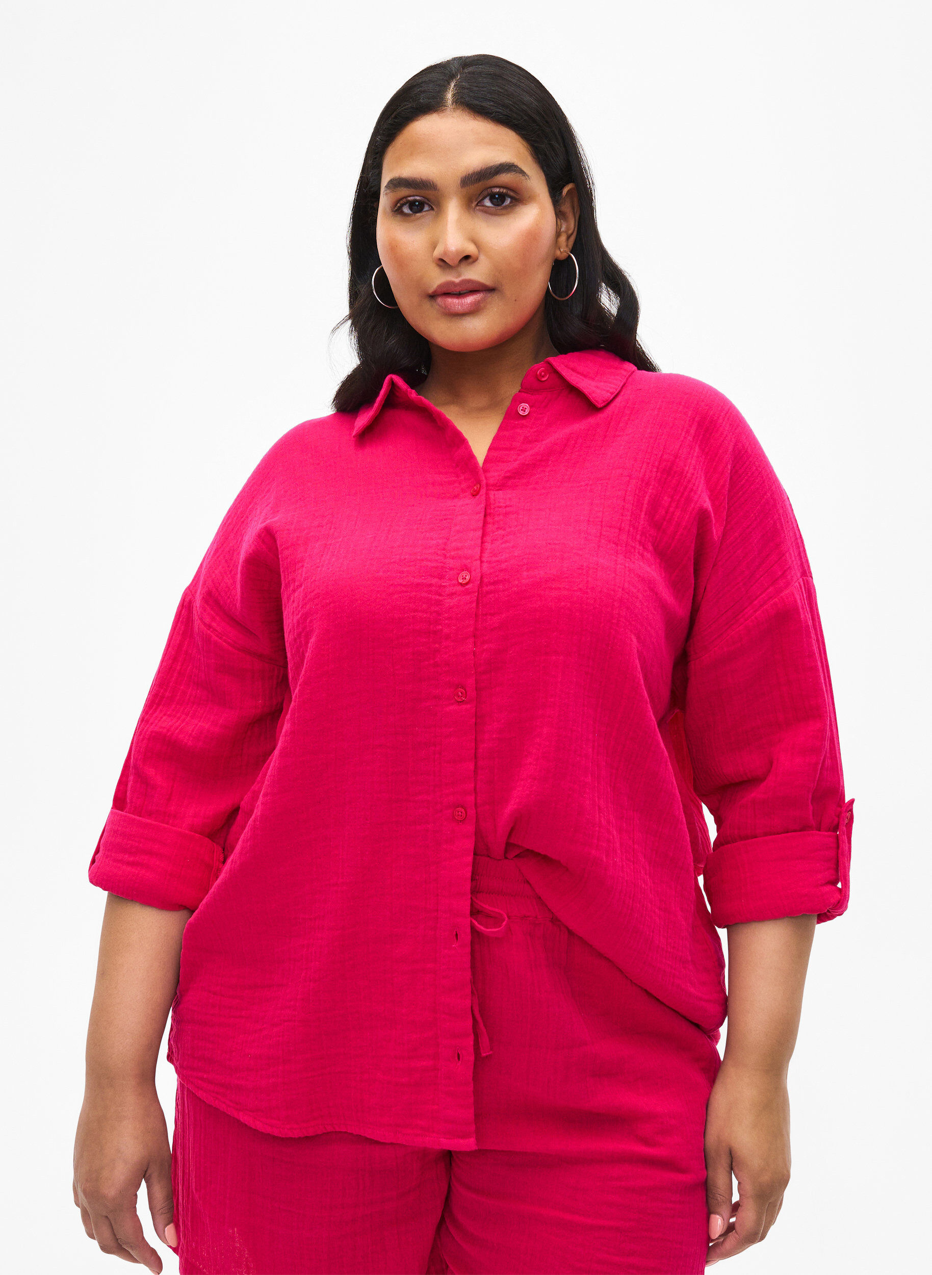 Zizzi Skjorte med krave i bomuldsmusselin, Bright Rose, Model image number 0