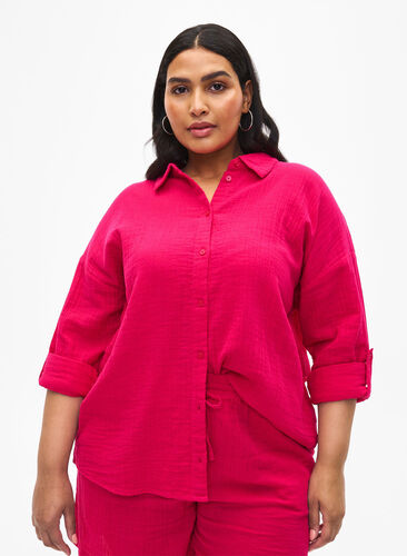 Skjorte med krave i bomuldsmusselin, Bright Rose, Model image number 0