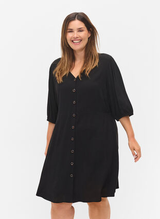 Kjole med knapper og 3/4 ærmer, Black, Model image number 0