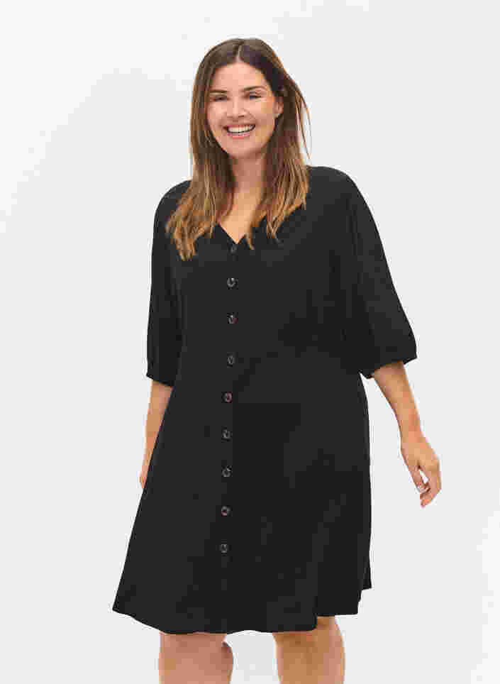 Kjole med knapper og 3/4 ærmer, Black, Model