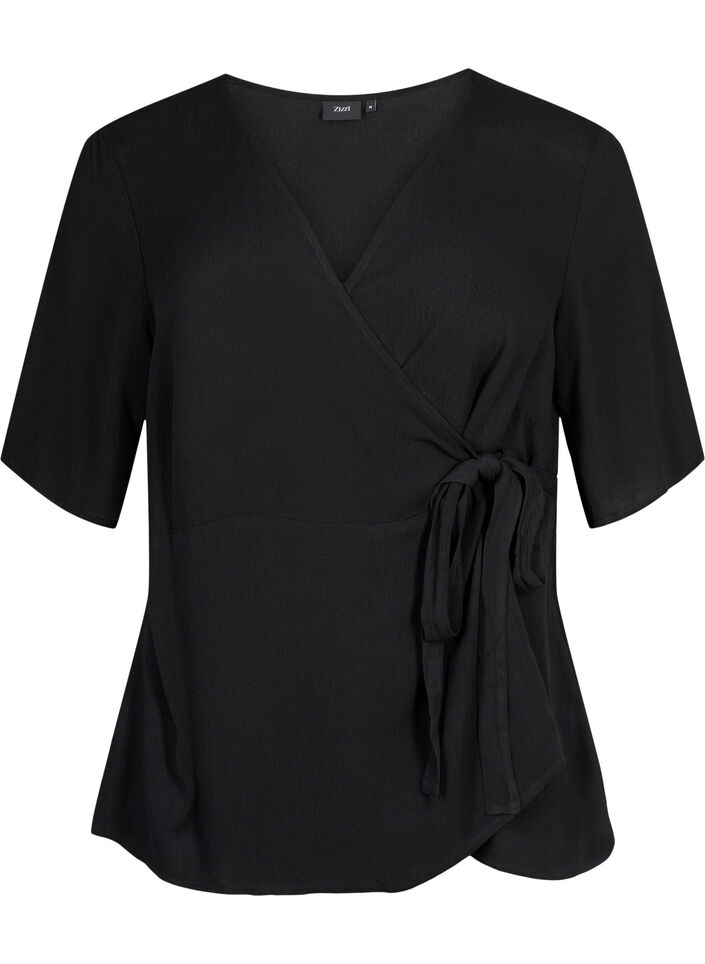 Viskosebluse med wrap, Black, Packshot image number 0