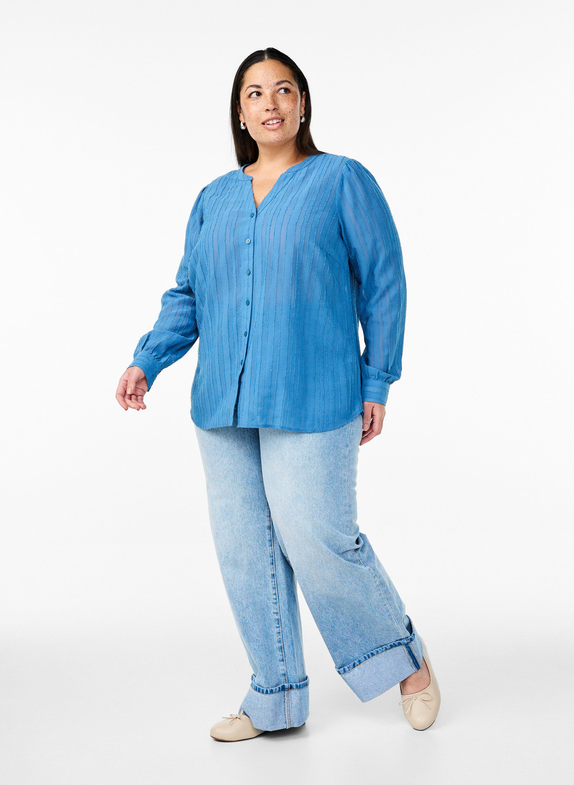 Zizzi Skjortebluse med transparent striber, Bl&aring;, Model image number 1