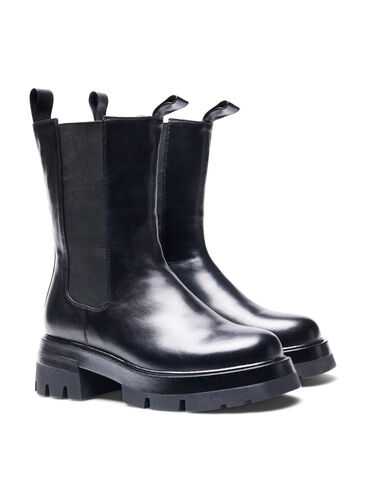 Wide fit læderstøvle med elastik , Black, Packshot image number 3