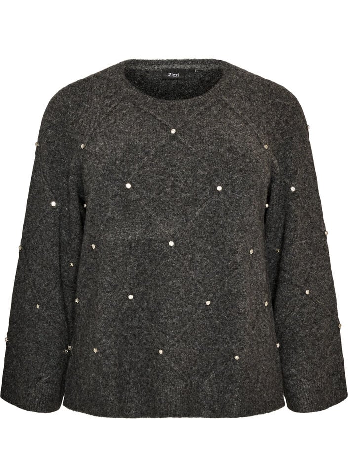 Strikbluse med rhinsten og rudem&oslash;nster, Gr&aring;, Packshot image number 0