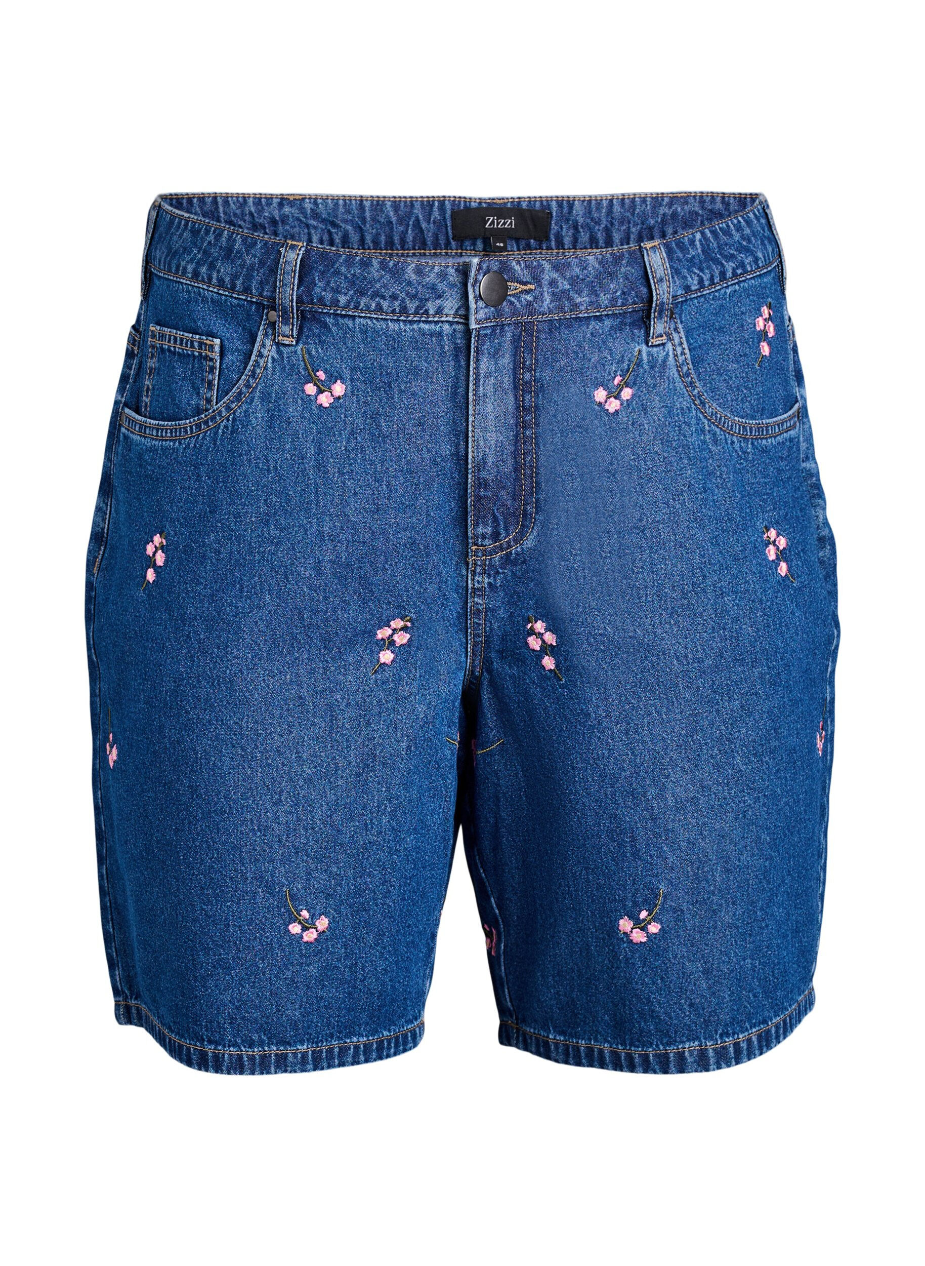 Zizzi Denim shorts med broderede blomster, Bl&aring;, Packshot image number 0