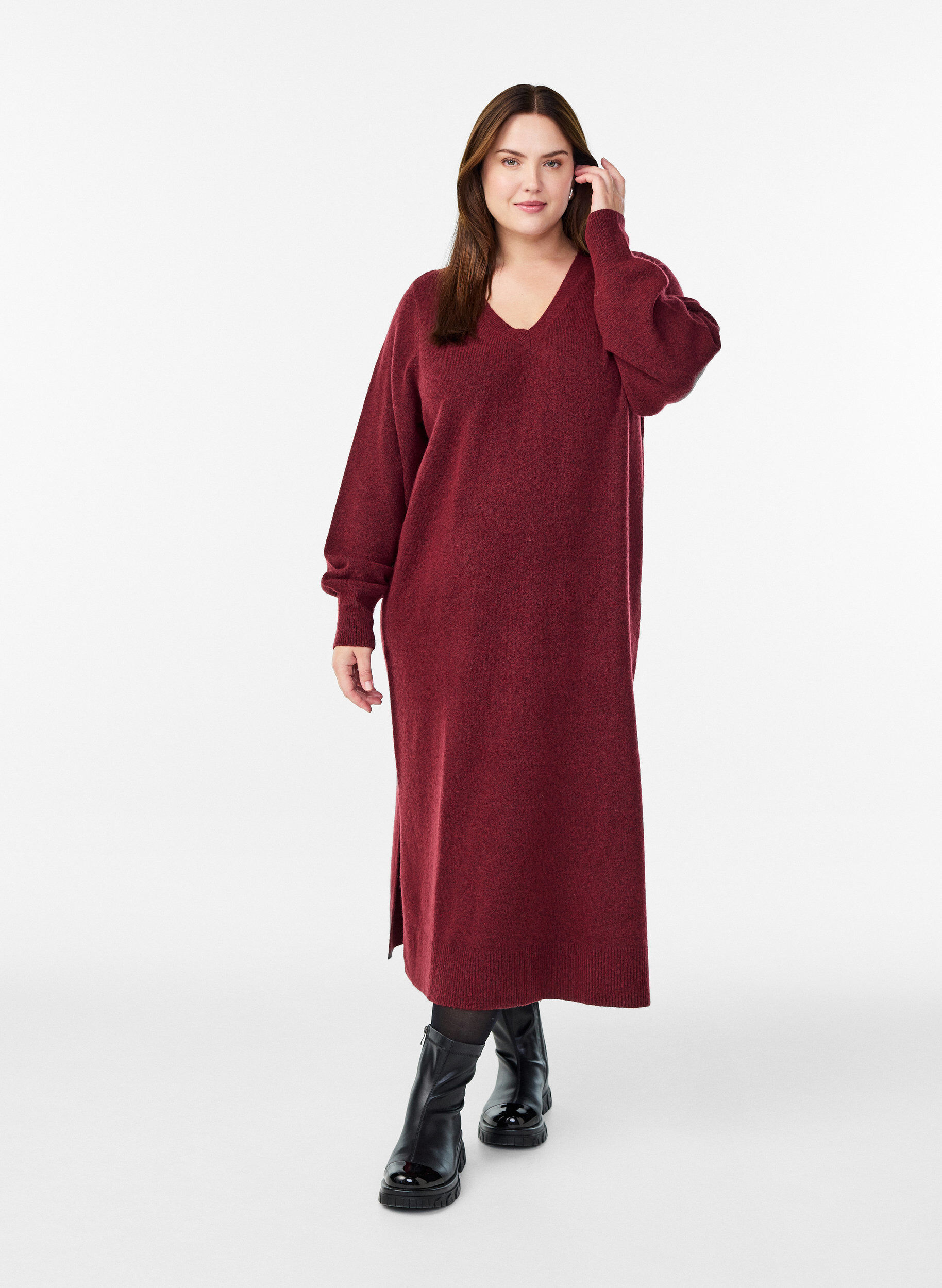 ZizziLang&aelig;rmet strikkjole med V-hals, R&oslash;d, Model image number 0