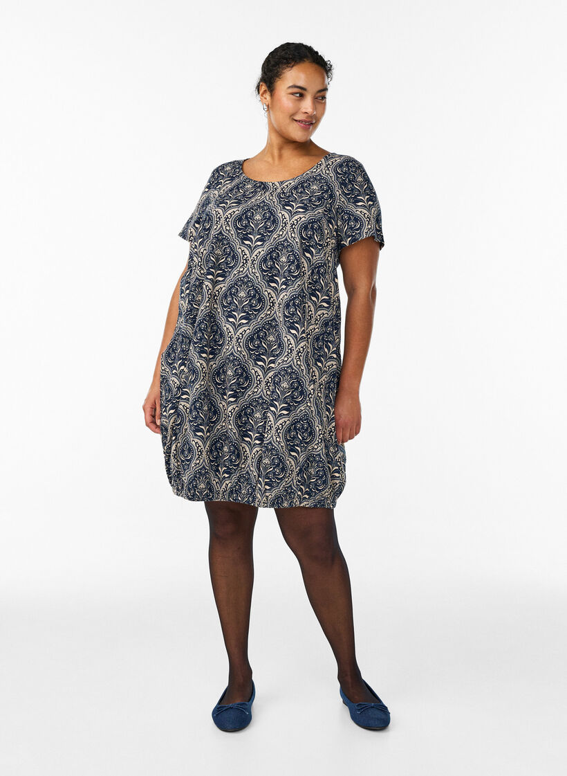 Kort&aelig;rmet bomuldskjole med print, Bl&aring;, Model image number 1