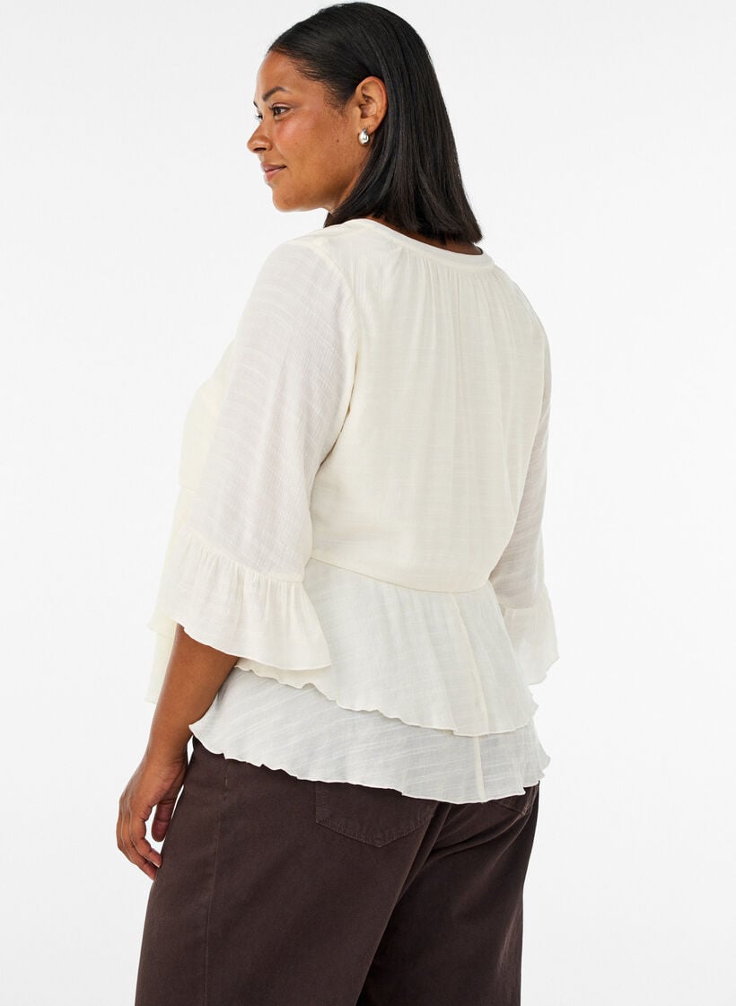 Bluse med 3/4-&aelig;rmer og fl&aelig;sedetaljer, Vanilla, Model image number 3