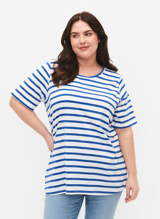 Stribet bomulds t-shirt, Blue Stripes, Model image number 0