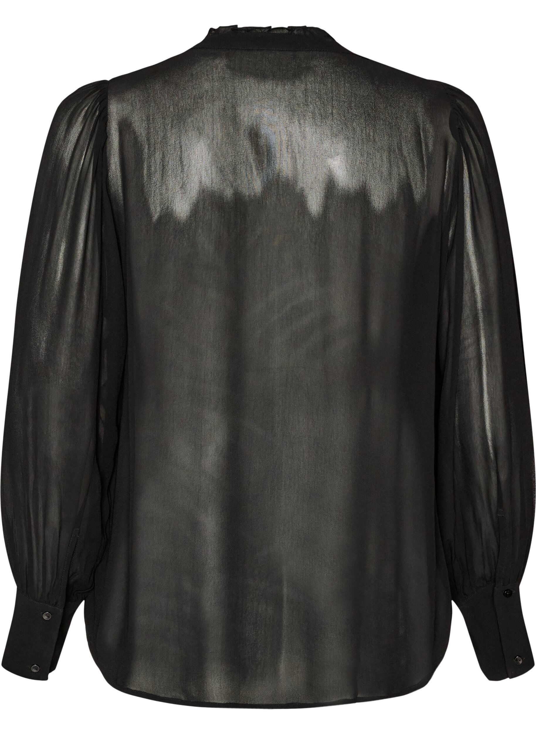 ZizziSkjortebluse i viskose med fl&aelig;sekrave, Sort, Packshot image number 1