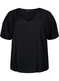 Kortærmet viskose bluse med v-hals, Black