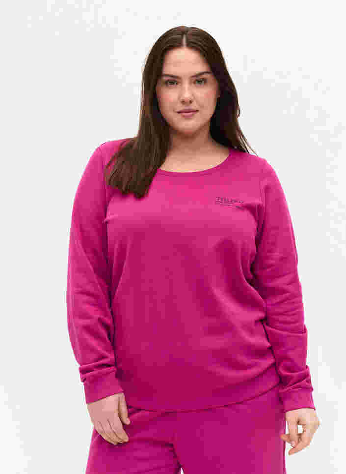 Bomulds sweatshirt med tekstprint, Festival Fuchsia, Model