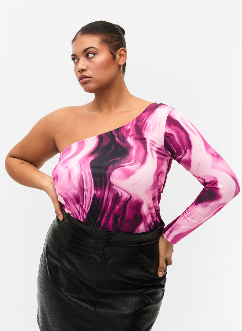 One-shoulder bluse med print, Raspberry Rose AOP, Model image number 0