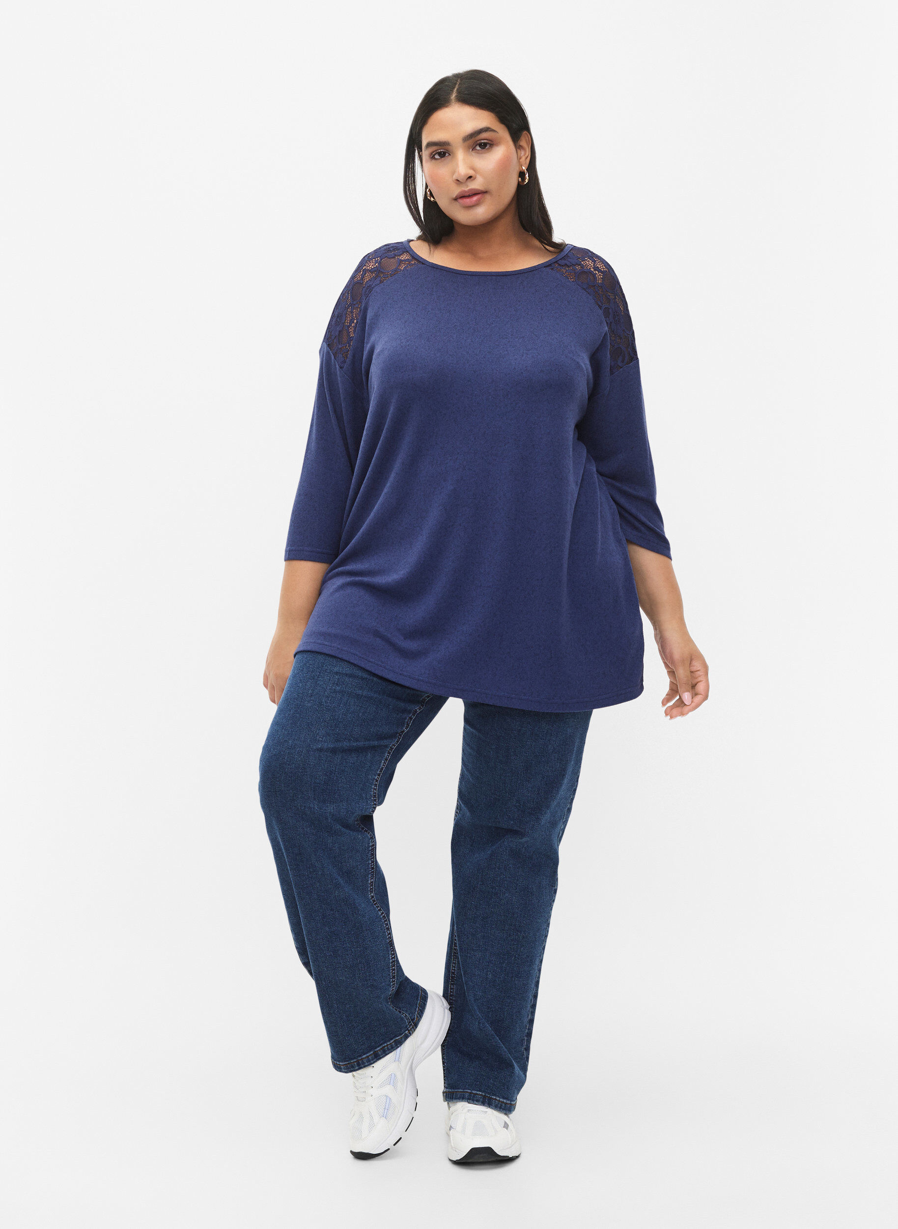 Zizzi Bluse med 3/4 &aelig;rmer og blondedetalje, Medieval Blue Mel., Model image number 2