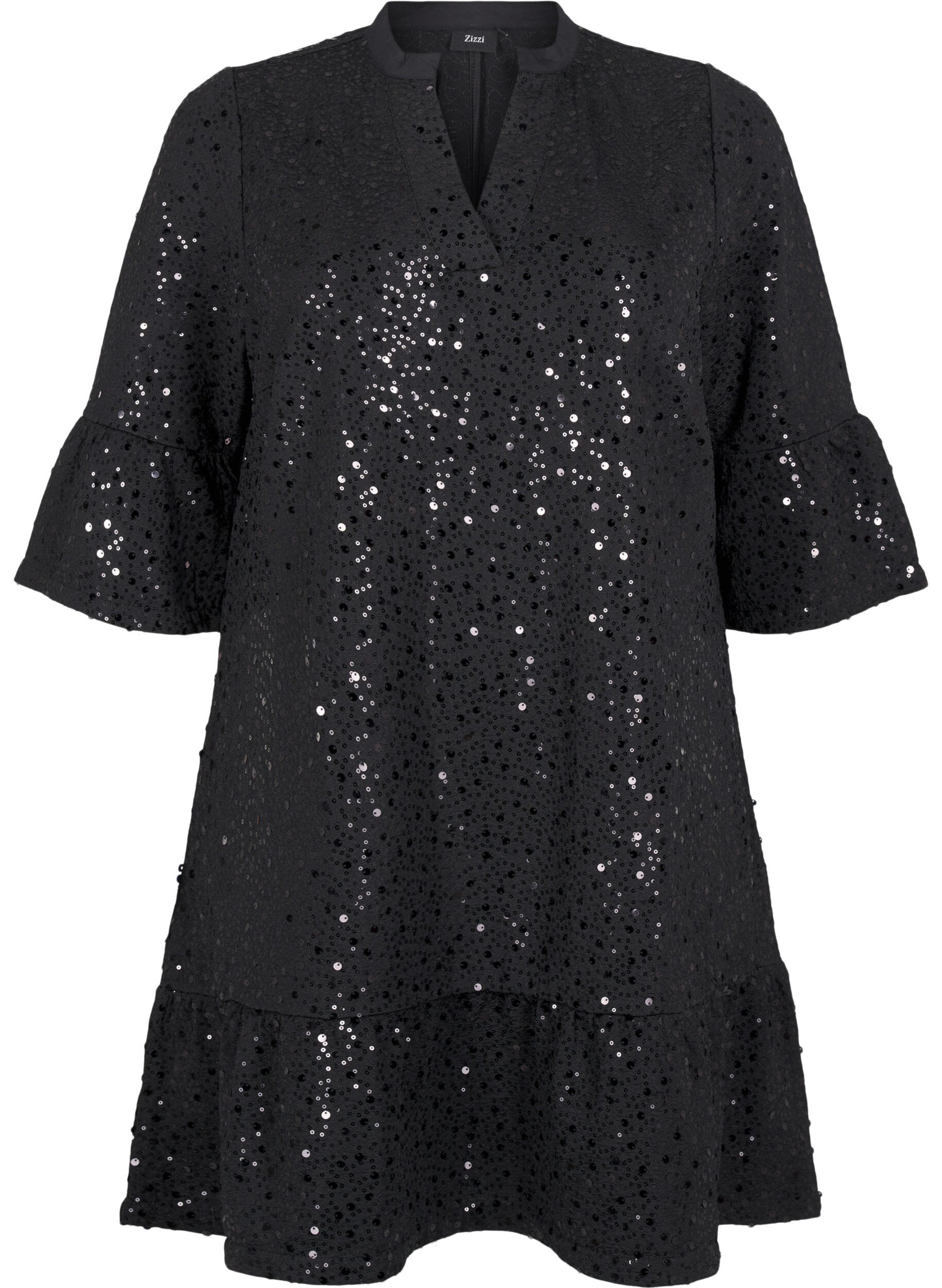 Zizzi Pailletkjole med V-udsk&aelig;ring og 3/4 &aelig;rmer, Black w. Bl. Sequins, Packshot image number 0