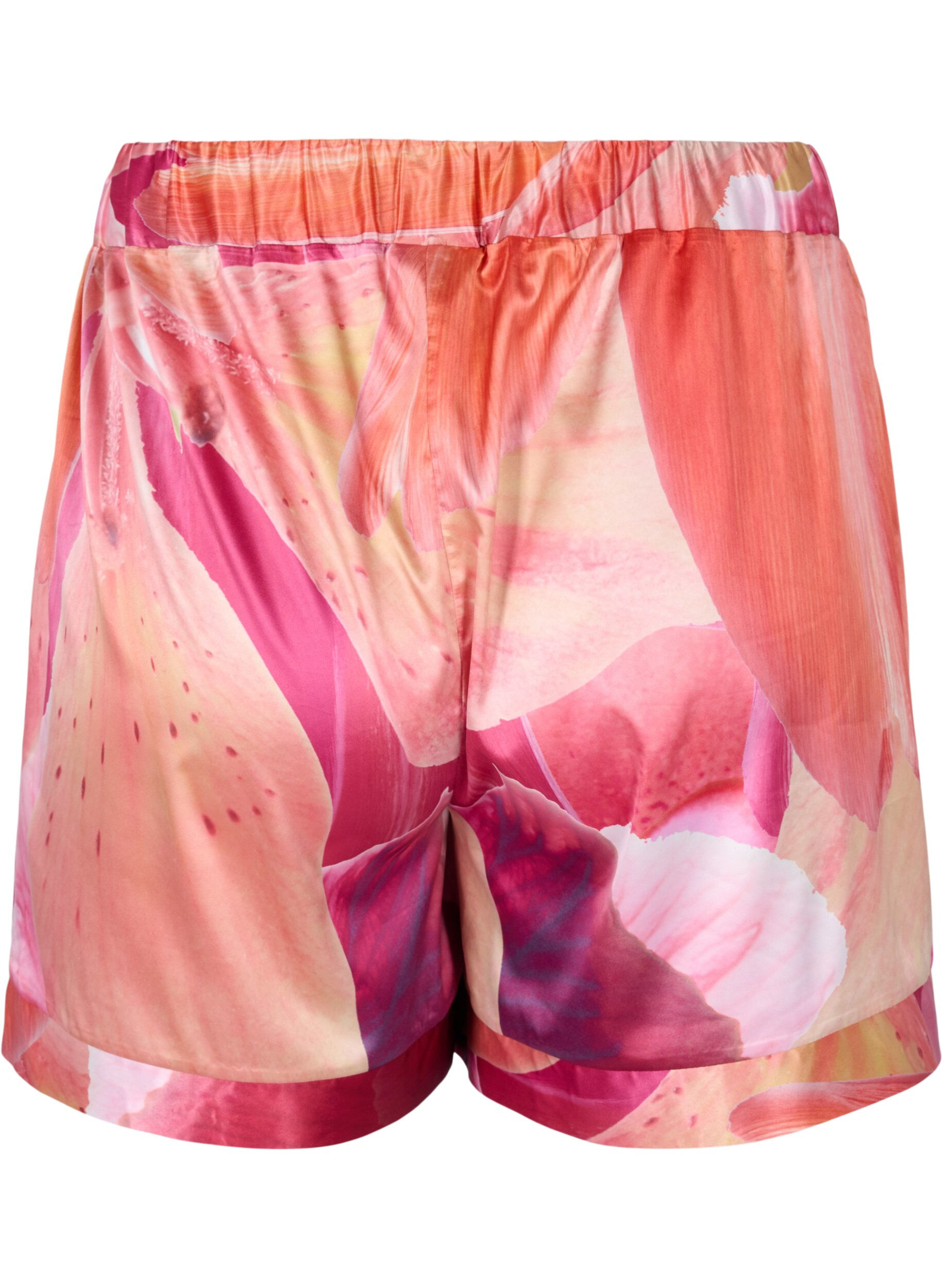 Zizzi M&oslash;nstrede natshorts med sn&oslash;re, Orange Pink AOP, Packshot image number 1
