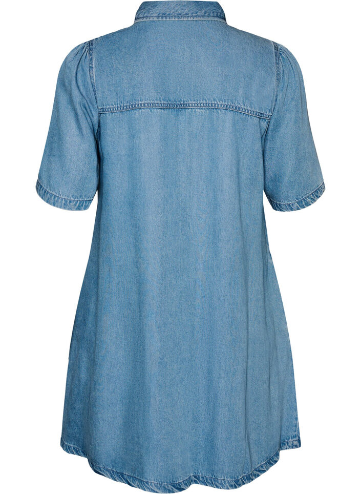 Denimkjole i lyocell med knapper og korte &aelig;rmer, Bl&aring;, Packshot image number 1
