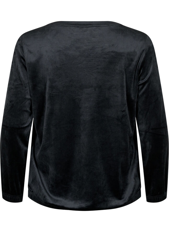 Bluse i velour med broderet tekst, Black, Packshot image number 1