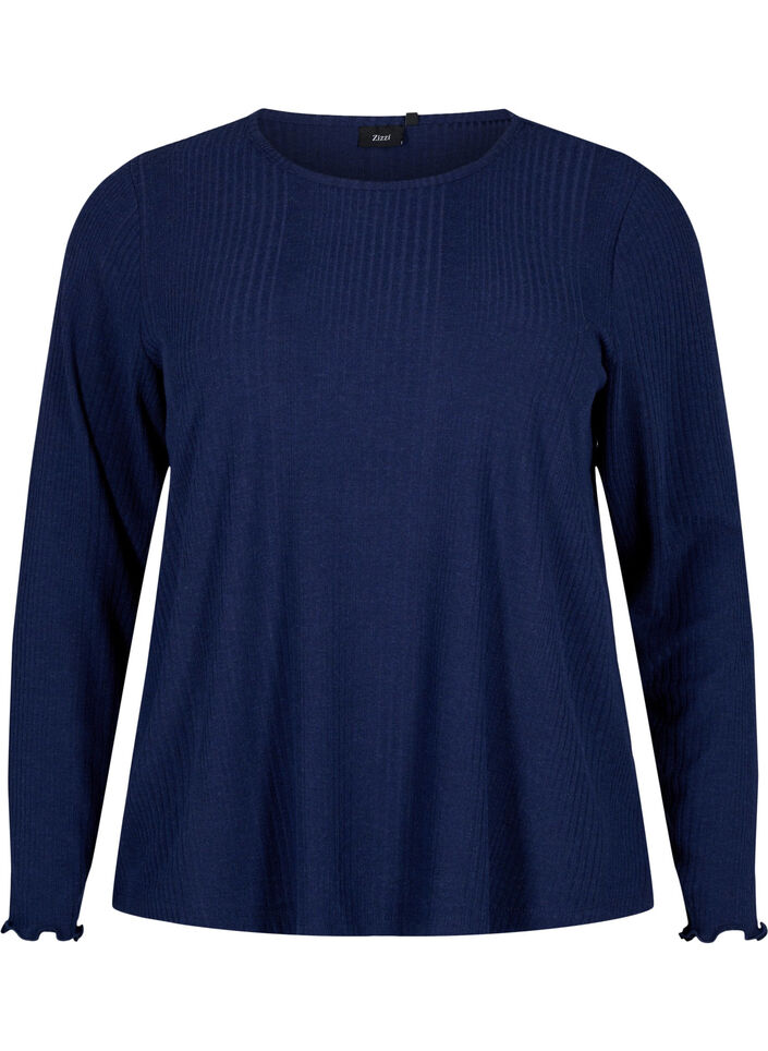 Langærmet bluse med stribet tekstur, Night Sky Mel., Packshot image number 0