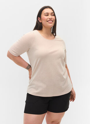Stribet bluse med 3/4 ærmer, Pecan Brown Stripe, Model image number 0