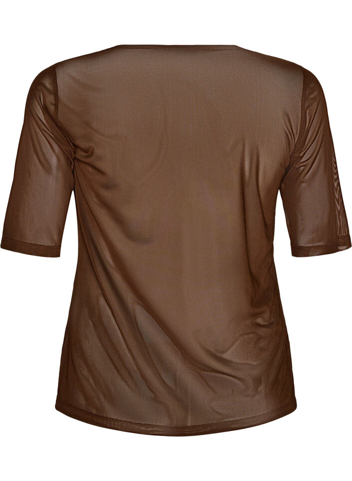 Meshbluse med korte &aelig;rmer og rund hals, Brun, Packshot image number 1