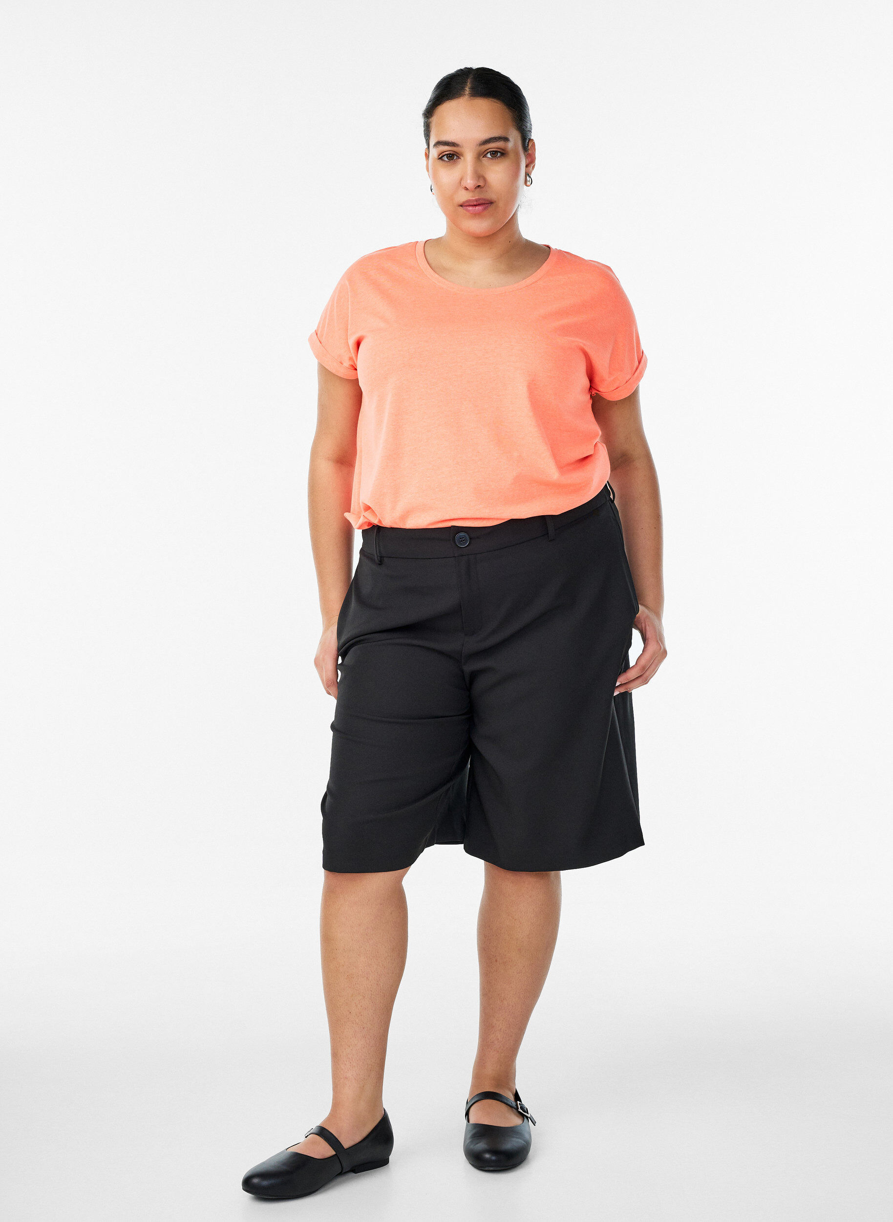 Zizzi Neonfarvet t-shirt i bomuld, Orange, Model image number 1