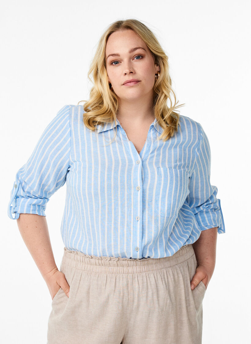 Skjorte i h&oslash;r og viskose med 3/4-&aelig;rmer, Bl&aring;, Model image number 0