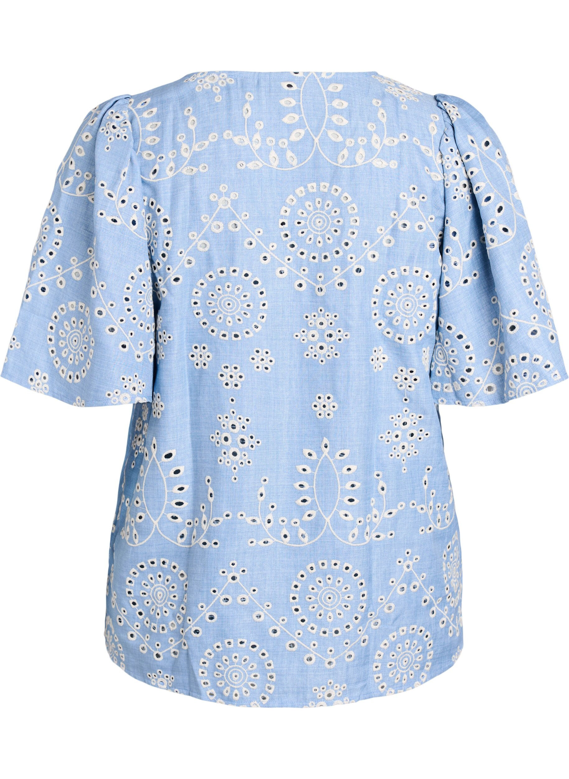Zizzi Bluse med broderie anglaise og korte puf&aelig;rmer, Bl&aring;, Packshot image number 1