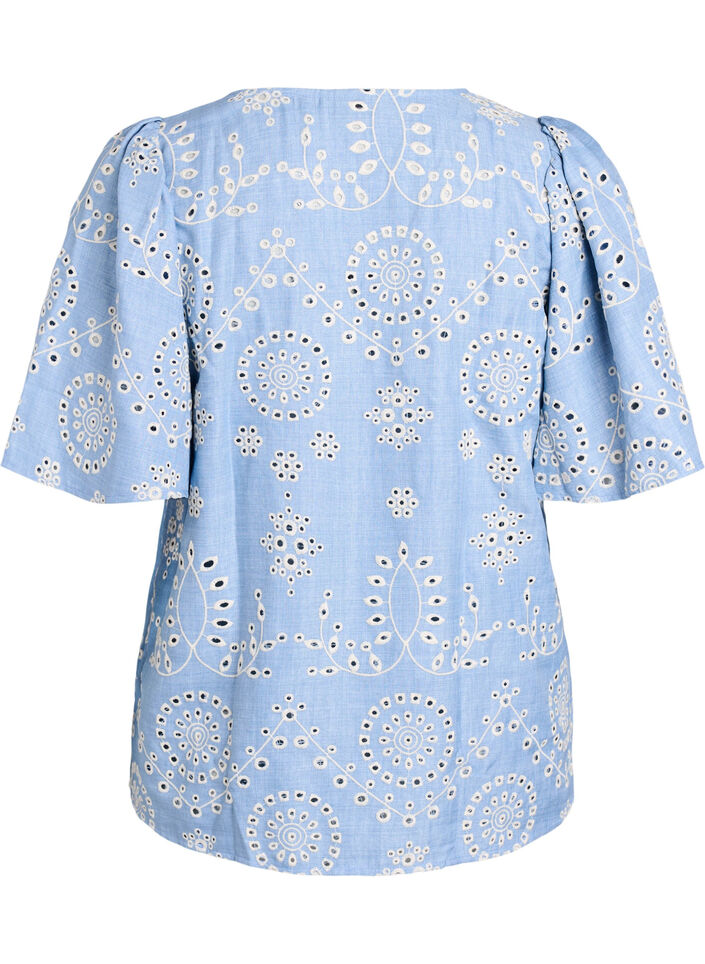 Bluse med broderie anglaise og korte pufærmer, Blå, Packshot image number 1