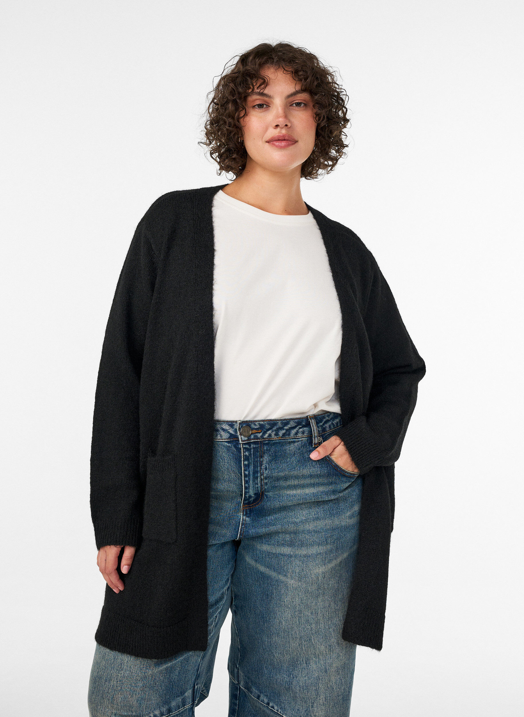 Lang cardigan med lommer, Sort, Model